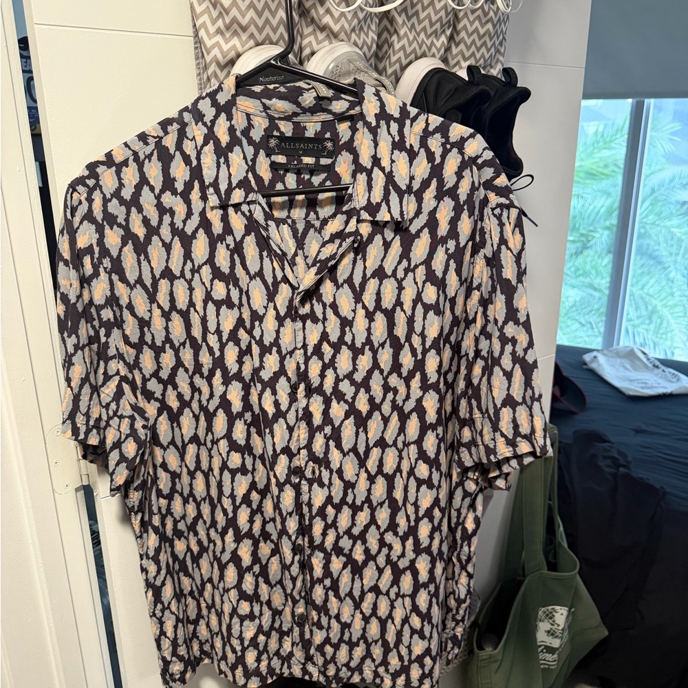 All Saints Men's Patterned Shirt - Blue and Cream